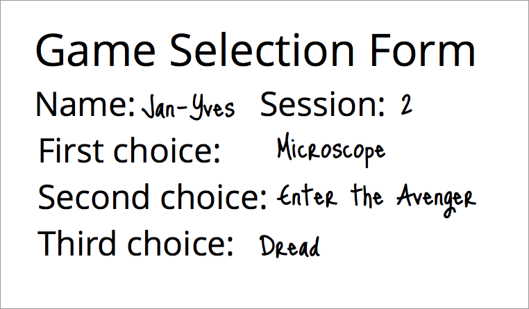 A sample game selection form.