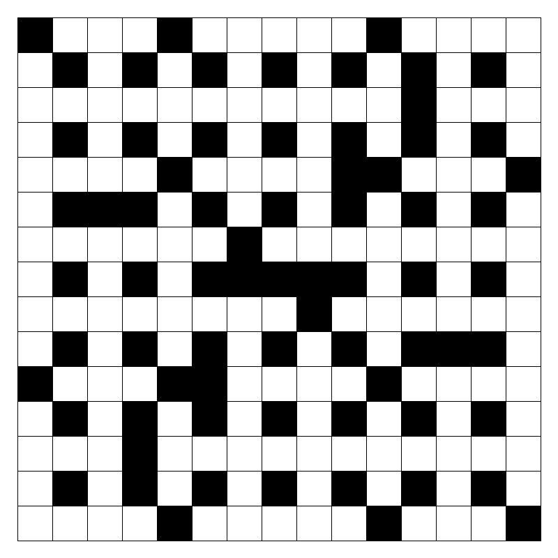 Some less pleasing crosswords. On the left a crossword with plenty more blocks and a bit less space; on the right, a crossword with a disturbing number of 15-long clues.